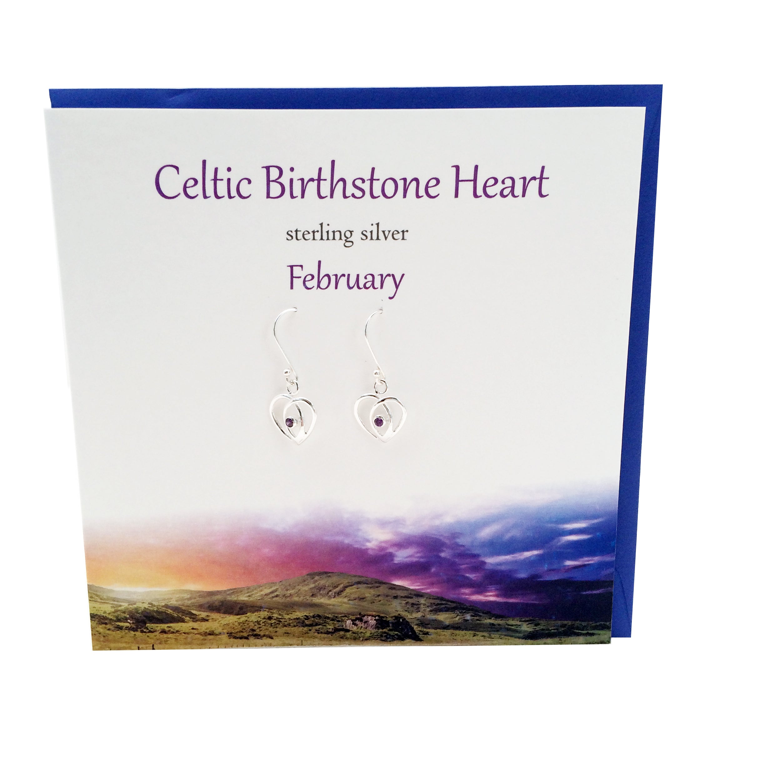 Celtic Birthstone silver earrings | February Amethyst crystal