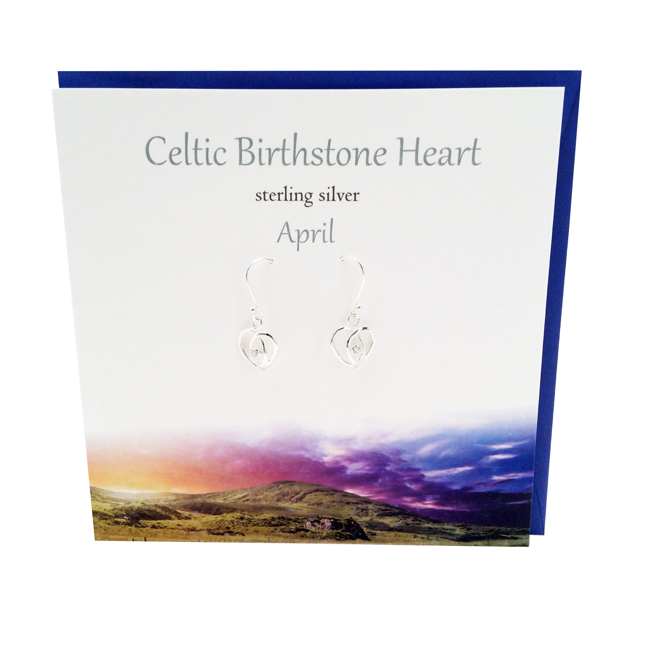 Celtic Birthstone silver earrings | April Diamond white crystal