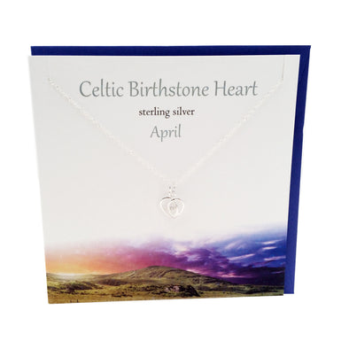 Celtic Birthstone silver pendant | April Diamond white crystal