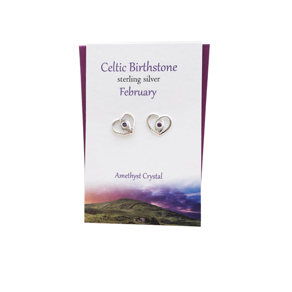 Celtic Birthstone Heart February silver stud earrings | The Silver Studio