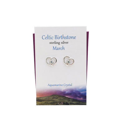 Celtic Birthstone Heart March silver stud earrings | The Silver Studio