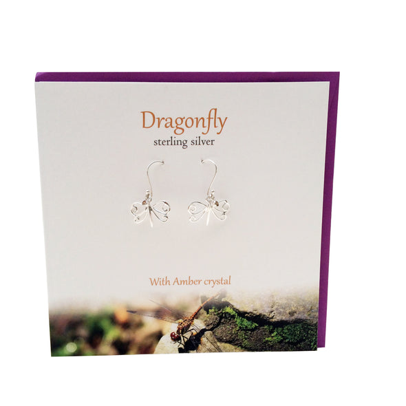 Dragonfly with Amber crystal silver earrings | The Silver Studio Scotland