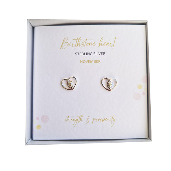 Silver Studio Wishes - November Birthstone Heart Stud Earrings