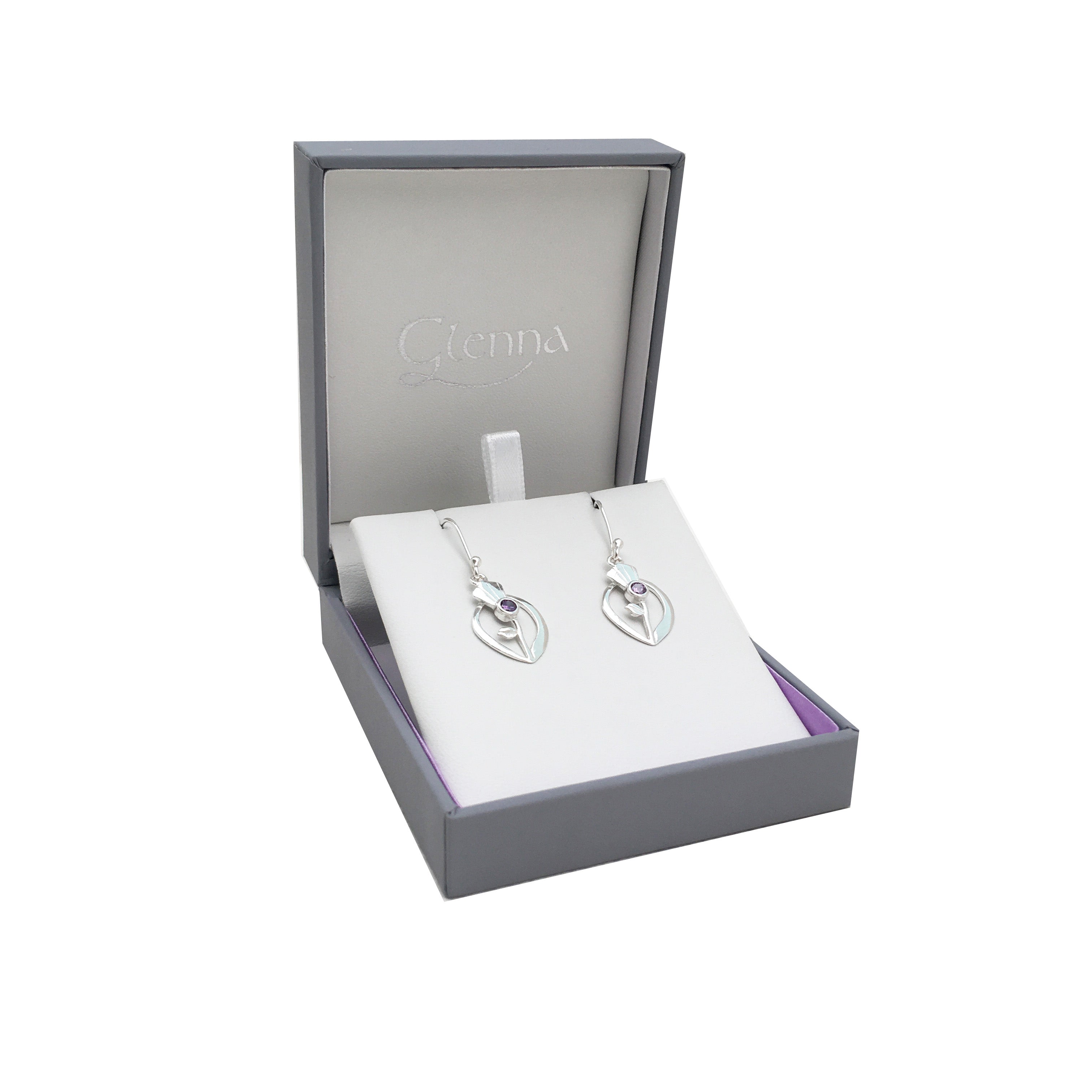 Scottish Thistle Purple Amethyst Crystal silver earrings | Glenna Jewellery Scotland