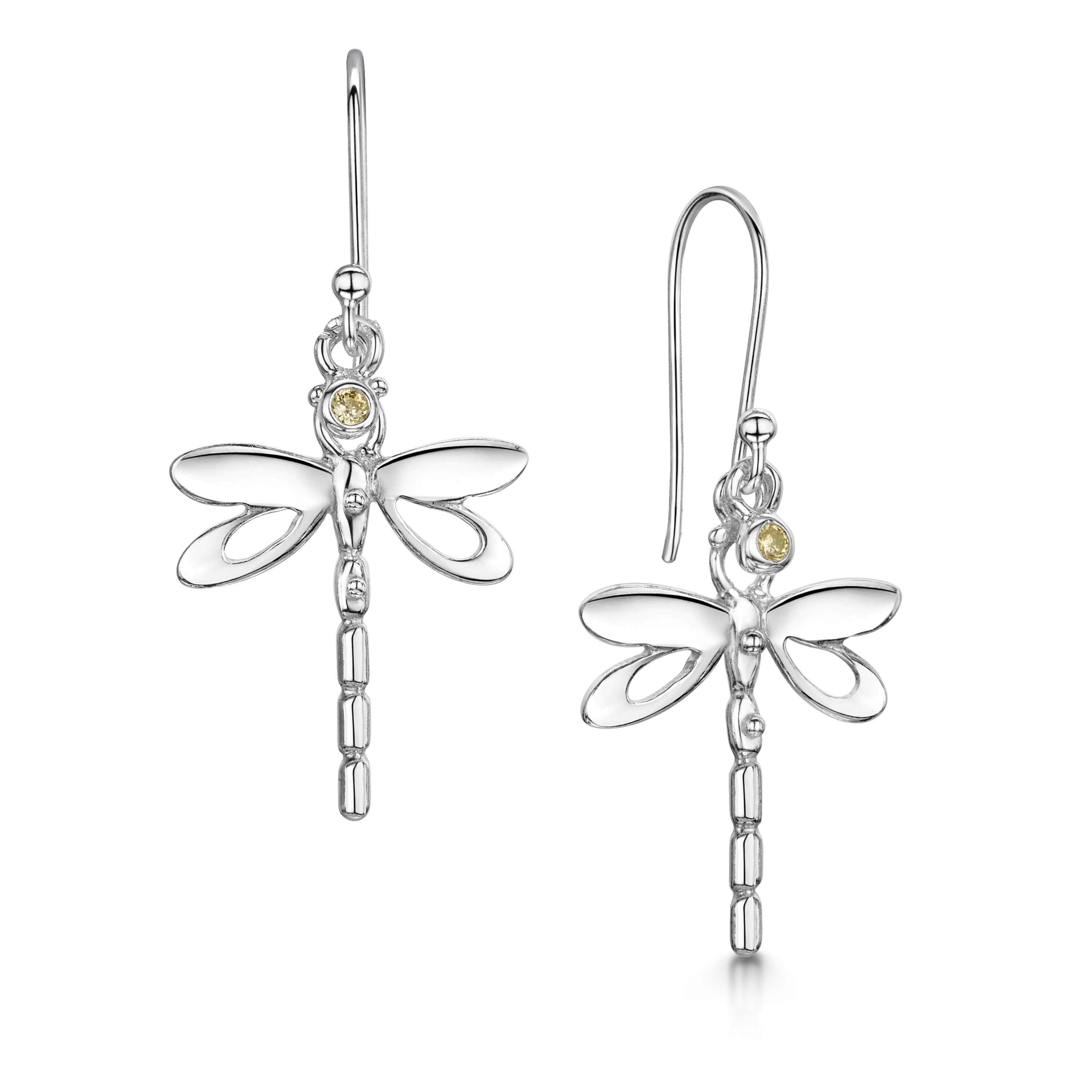 Dragonfly silver drop earrings with Amber Crystal| Glenna Jewellery Scotland