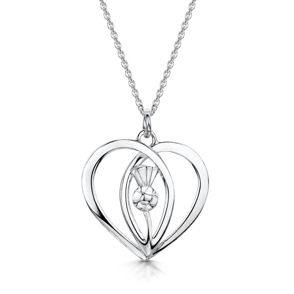Scottish Thistle Heart silver pendant long| Glenna Jewellery Scotland